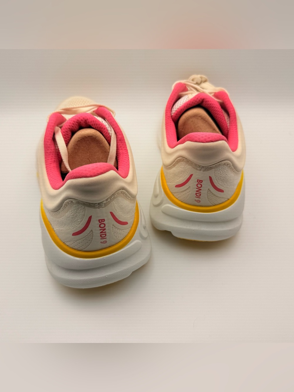 HOKA Bondi 9 Women’s Size 8.5 Running Shoes Cream Pink Yellow Worn Once with Box - Picture 7 of 10